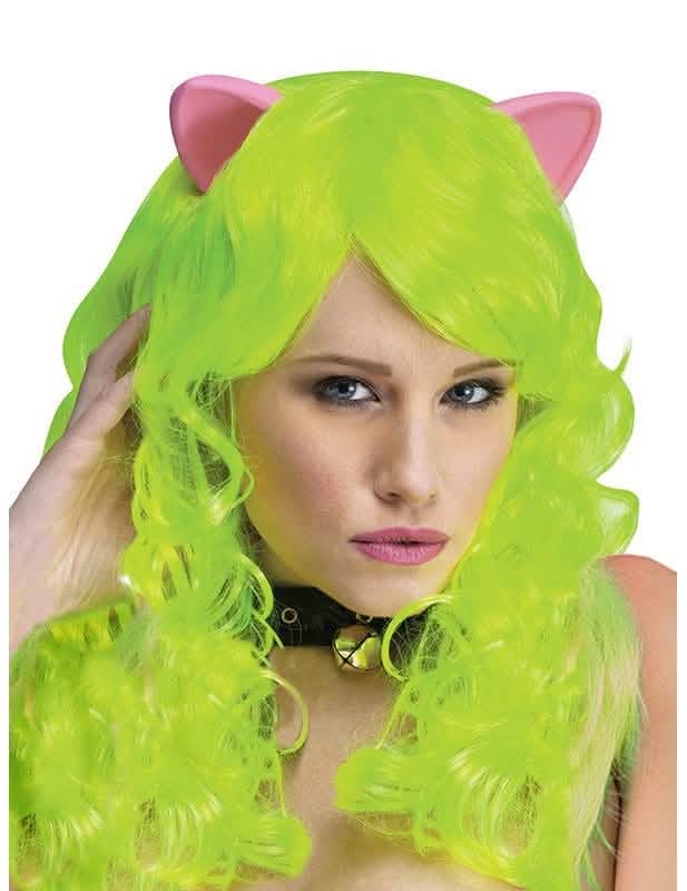 Peruca fantasia com orelhas de gato para mulher verde néon e cor de rosa