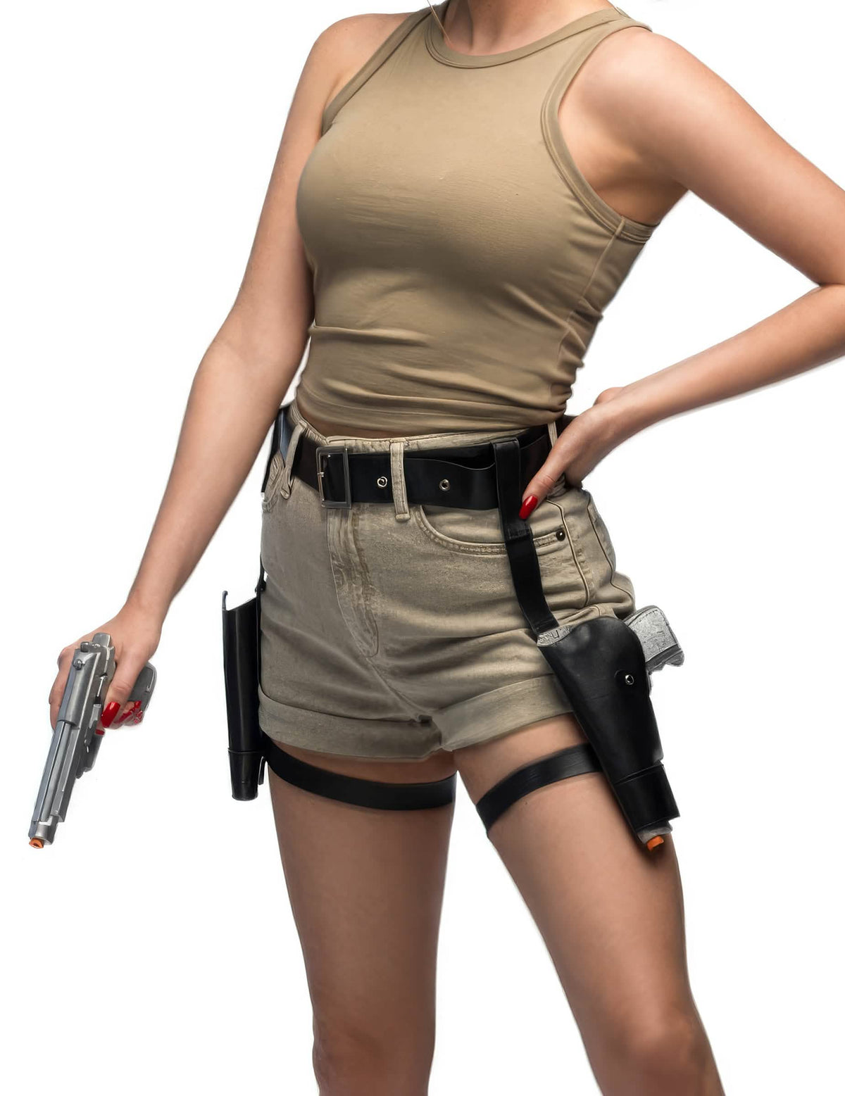 cinto aventuriera com pistolas para adulto preta com coldres de coxa
