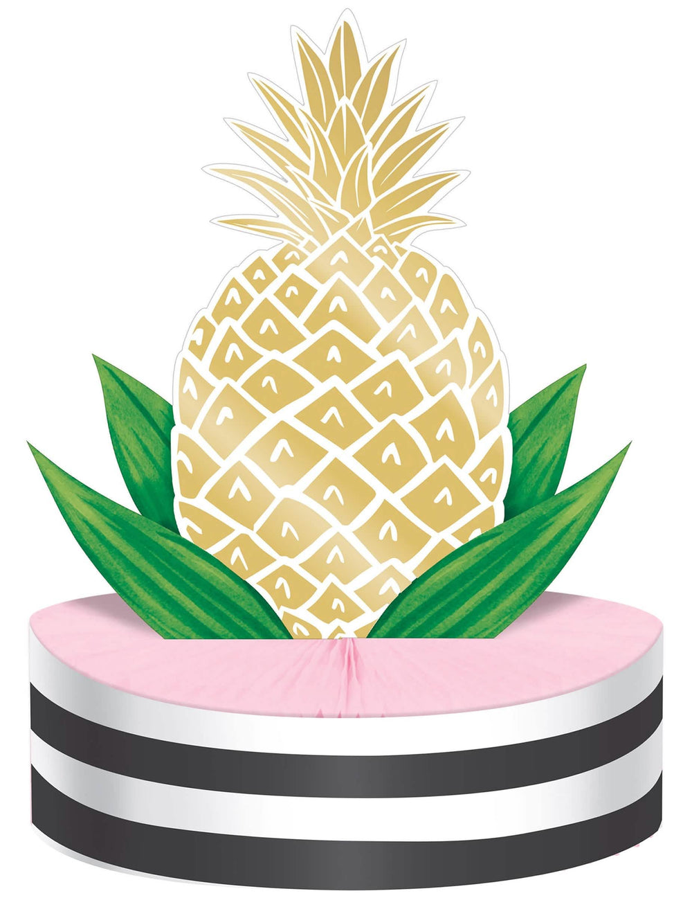 Centro de mesa em cartão ananás dourado para festa cor de rosa alveolado às riscas pretas