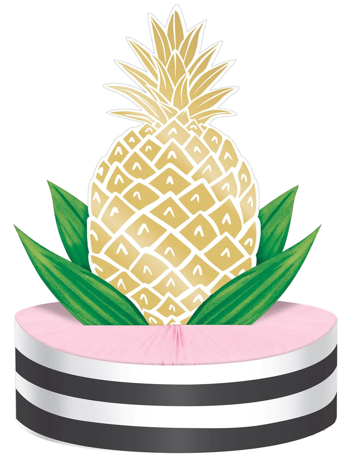 Centro de mesa em cartão ananás dourado para festa cor de rosa alveolado às riscas pretas