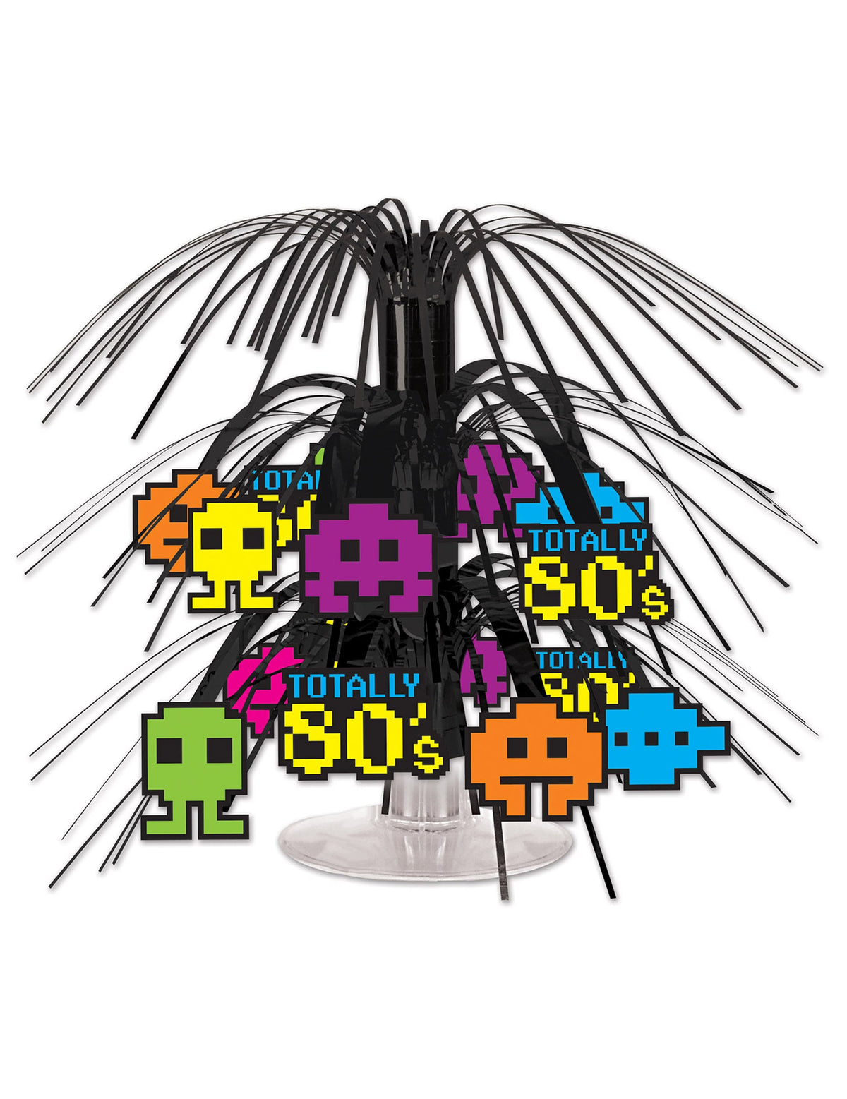 Centre de table années 80's cascade 8-bit pour fête noir et multicolore