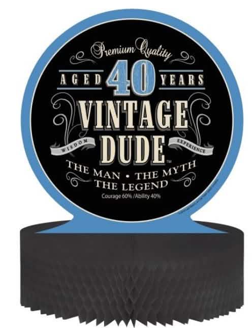 Centre de table en papier alvéolé anniversaire Vintage 40 ans pour homme bleu et noir