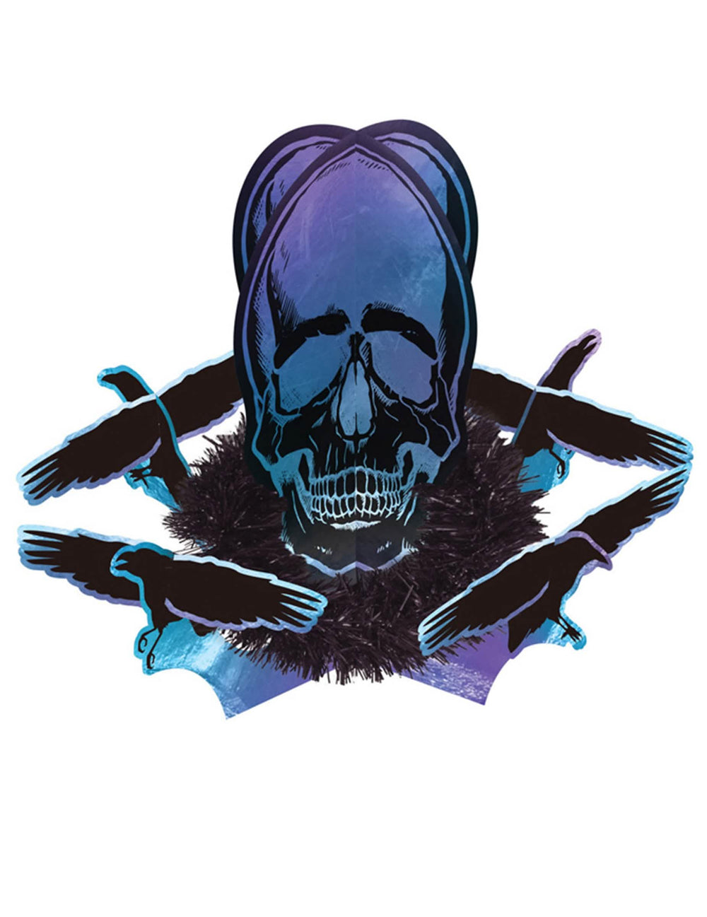 Centro de mesa Boneshine Fever roxo e azul com caveira e corvos pretos