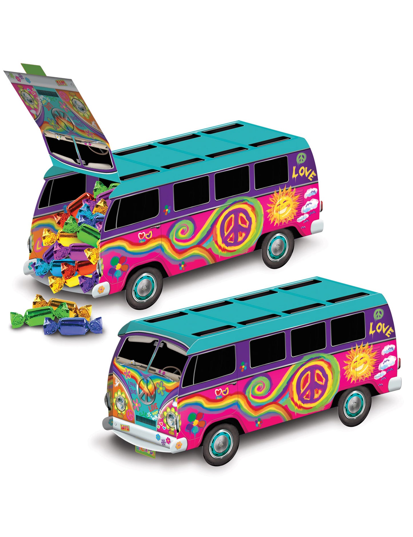 Centre de table bus hippie années 60's pour fête multicolore aux motifs peace and love