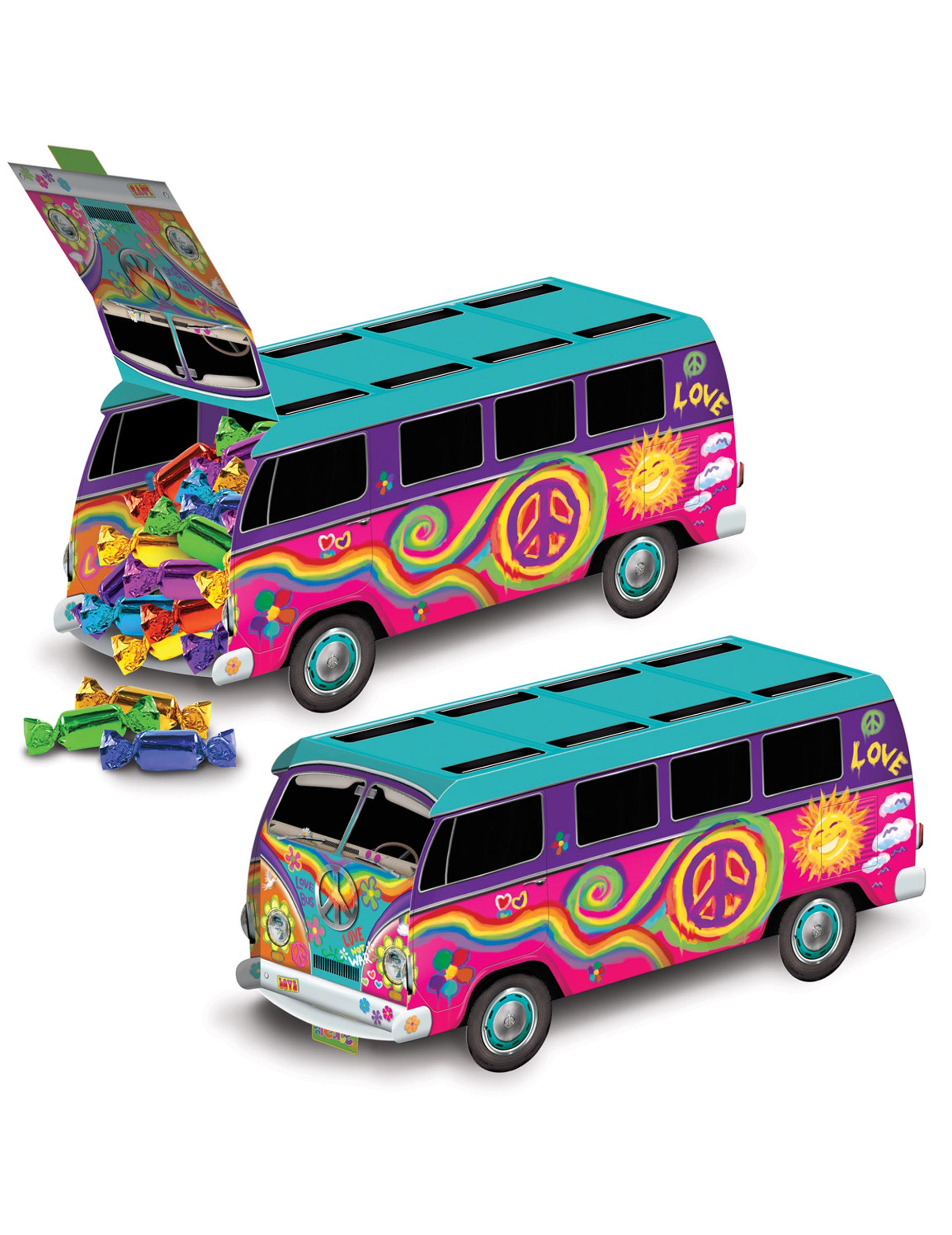 Centre de table bus hippie années 60's pour fête multicolore aux motifs peace and love
