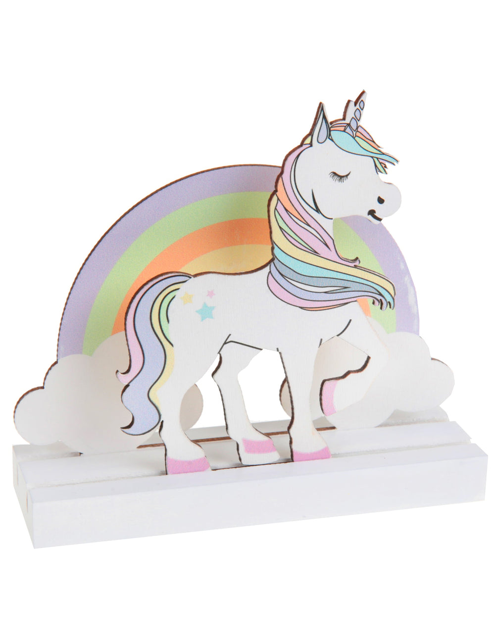 Centre de table en bois licorne arc-en-ciel et nuages pastel