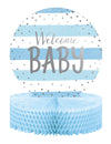 Centre de table en papier alvéolé Welcome Baby pour baby shower bleu et blanc