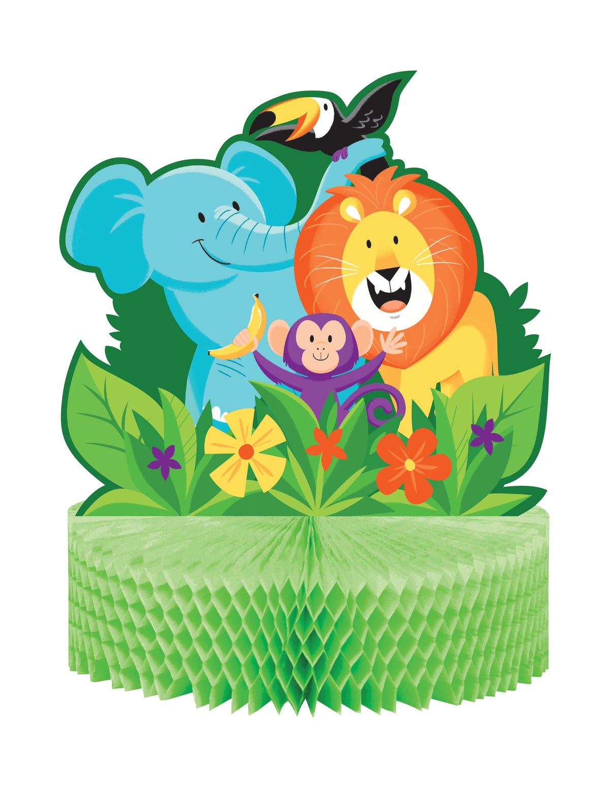Centre de table en papier alvéolé jungle safari pour anniversaire vert avec animaux sauvages