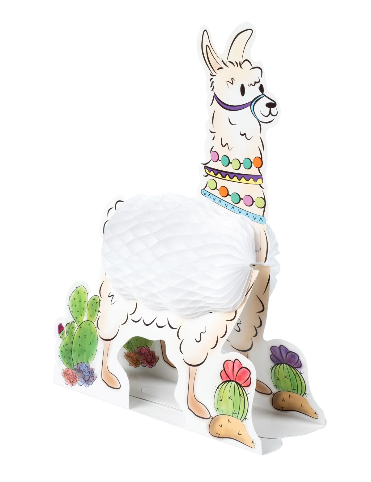Vue de profil avec socle décoré de cactus du centre de table en papier lama