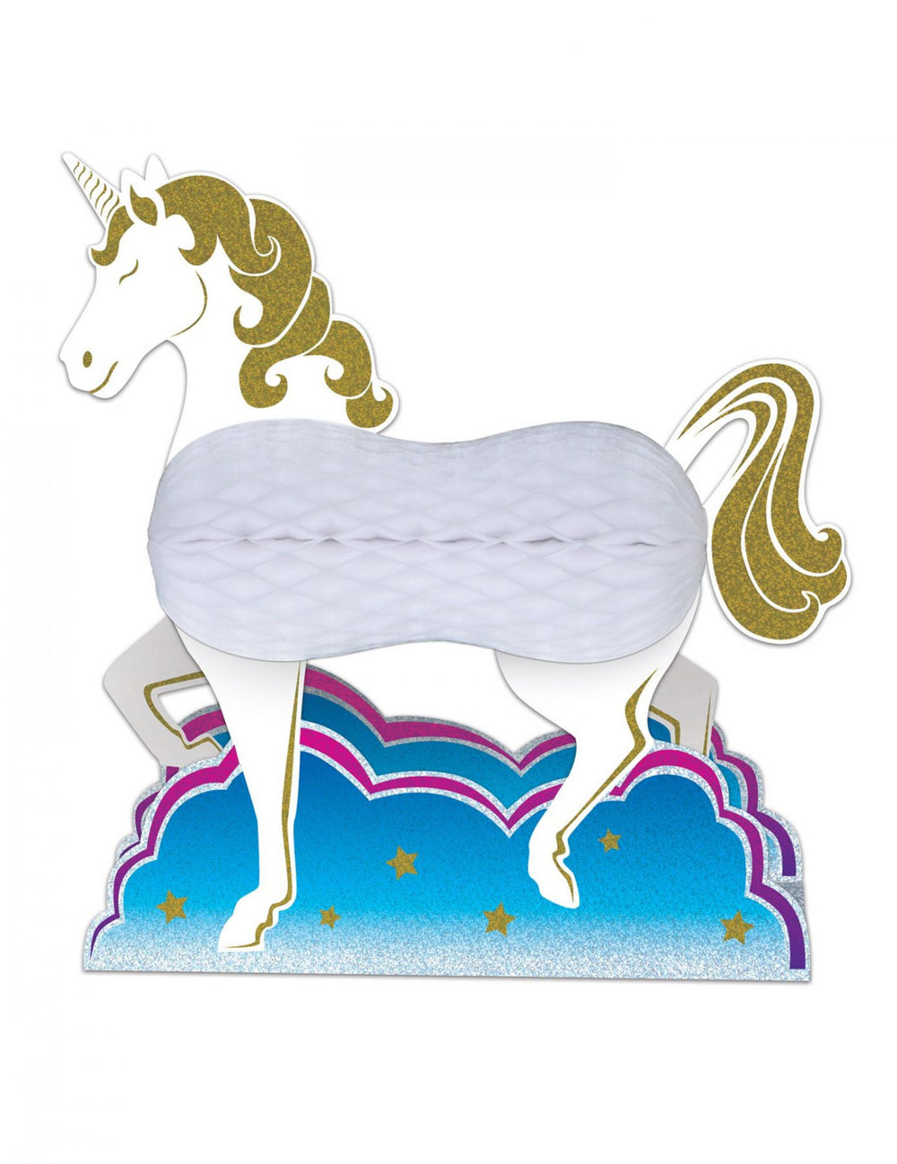 Centre de table en papier licorne pour enfant blanche et dorée avec corps alvéolé et nuage bleu