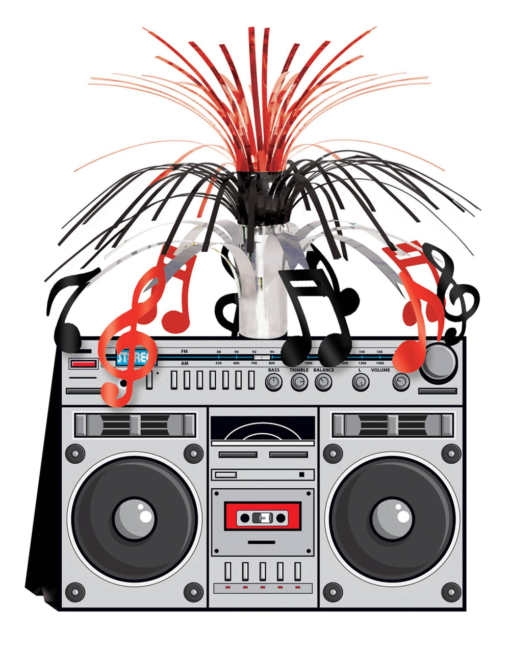 Centro de mesa ghetto-blaster anos 80 boom box para festa prateado com notas musicais vermelhas e pretas