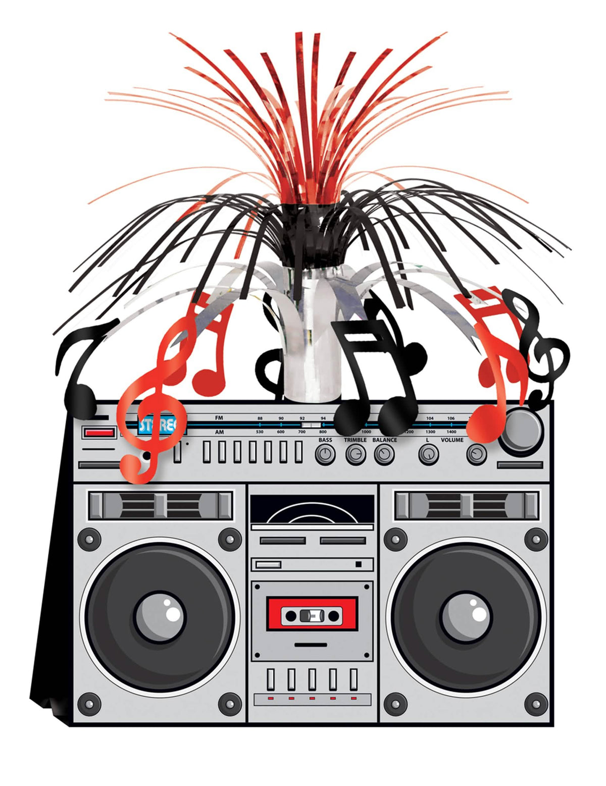 Centro de mesa ghetto-blaster anos 80 boom box para festa prateado com notas musicais vermelhas e pretas