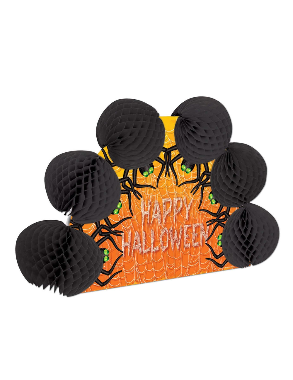Centro de mesa aranha happy halloween preto e cor de laranja com bolas alveoladas
