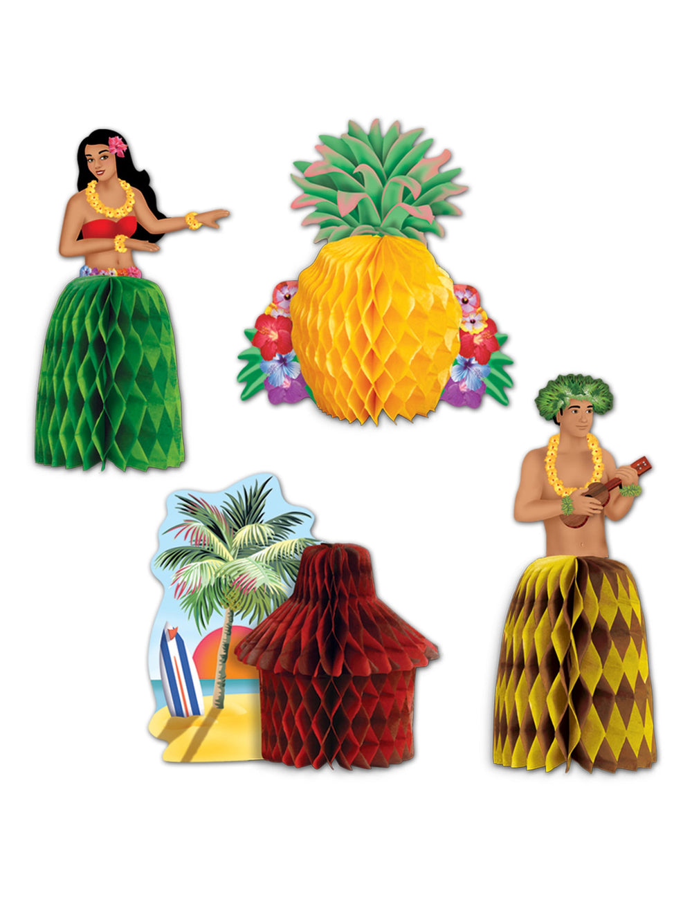 Centres de table Hawaï pour décoration de fête multicolores en papier alvéolé