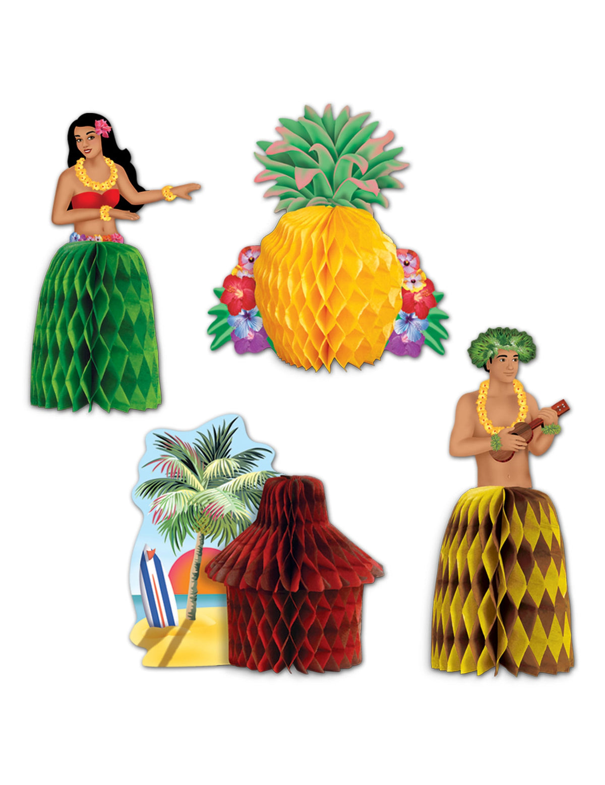 Centres de table Hawaï pour décoration de fête multicolores en papier alvéolé