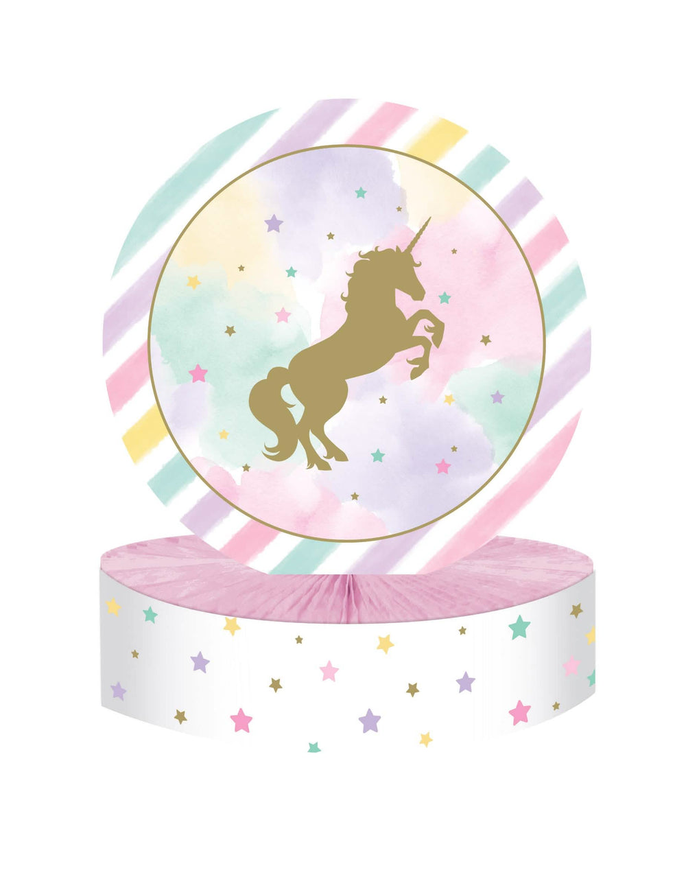 Centro de mesa em cartão unicórnio dourado e cor de rosa