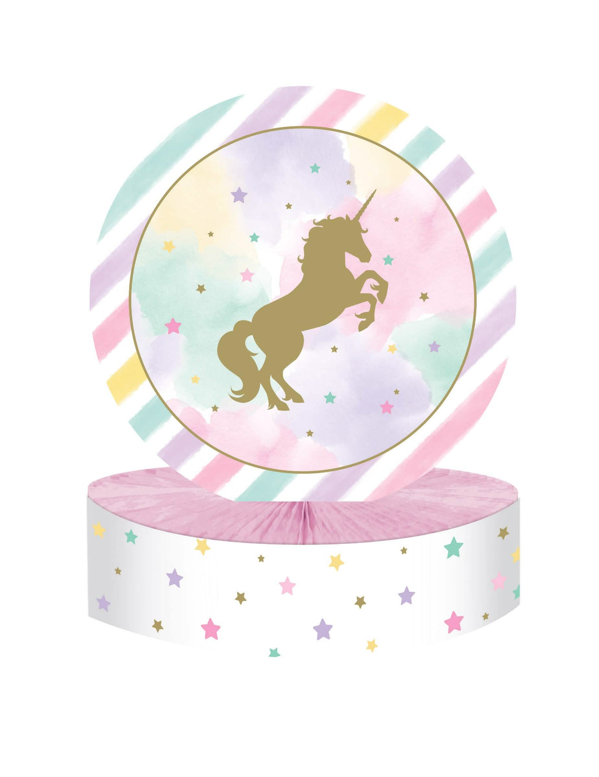 Centro de mesa em cartão unicórnio dourado e cor de rosa