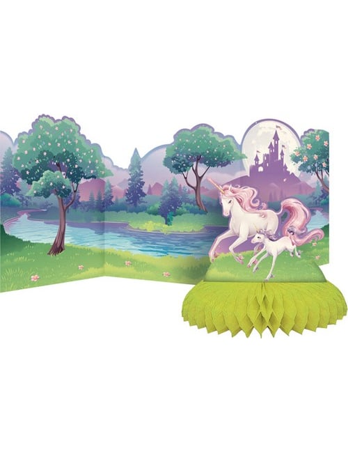 Centre de table en carton Licorne magique pour enfant avec décor de paysage et base alvéolée verte