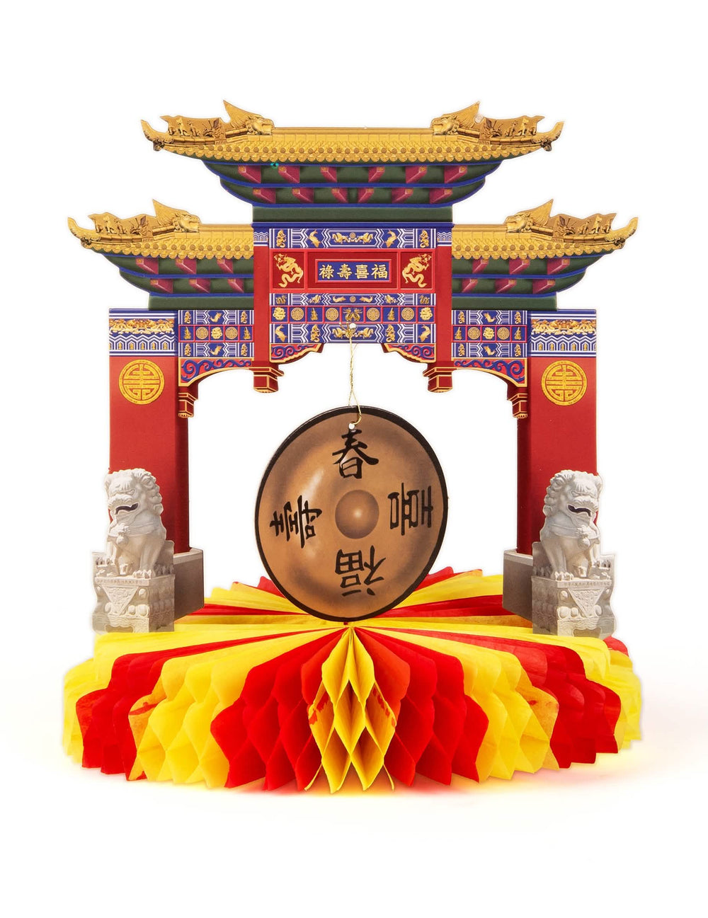 Centro de mesa monumento chinês vermelho e amarelo com gong e leões