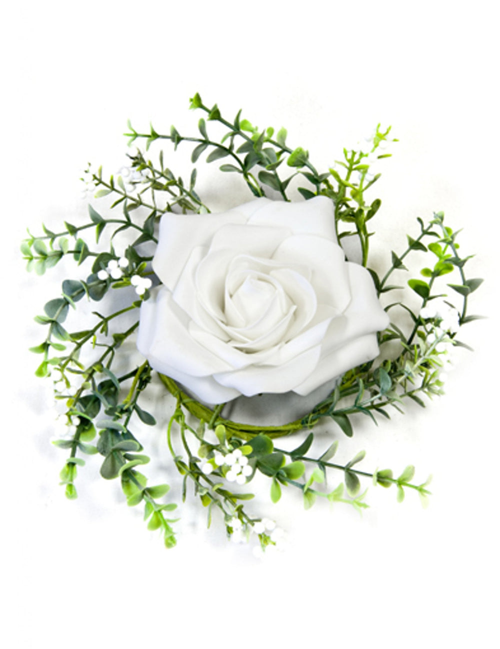 Centre de table rose et feuillage pour décoration blanc avec fleur artificielle
