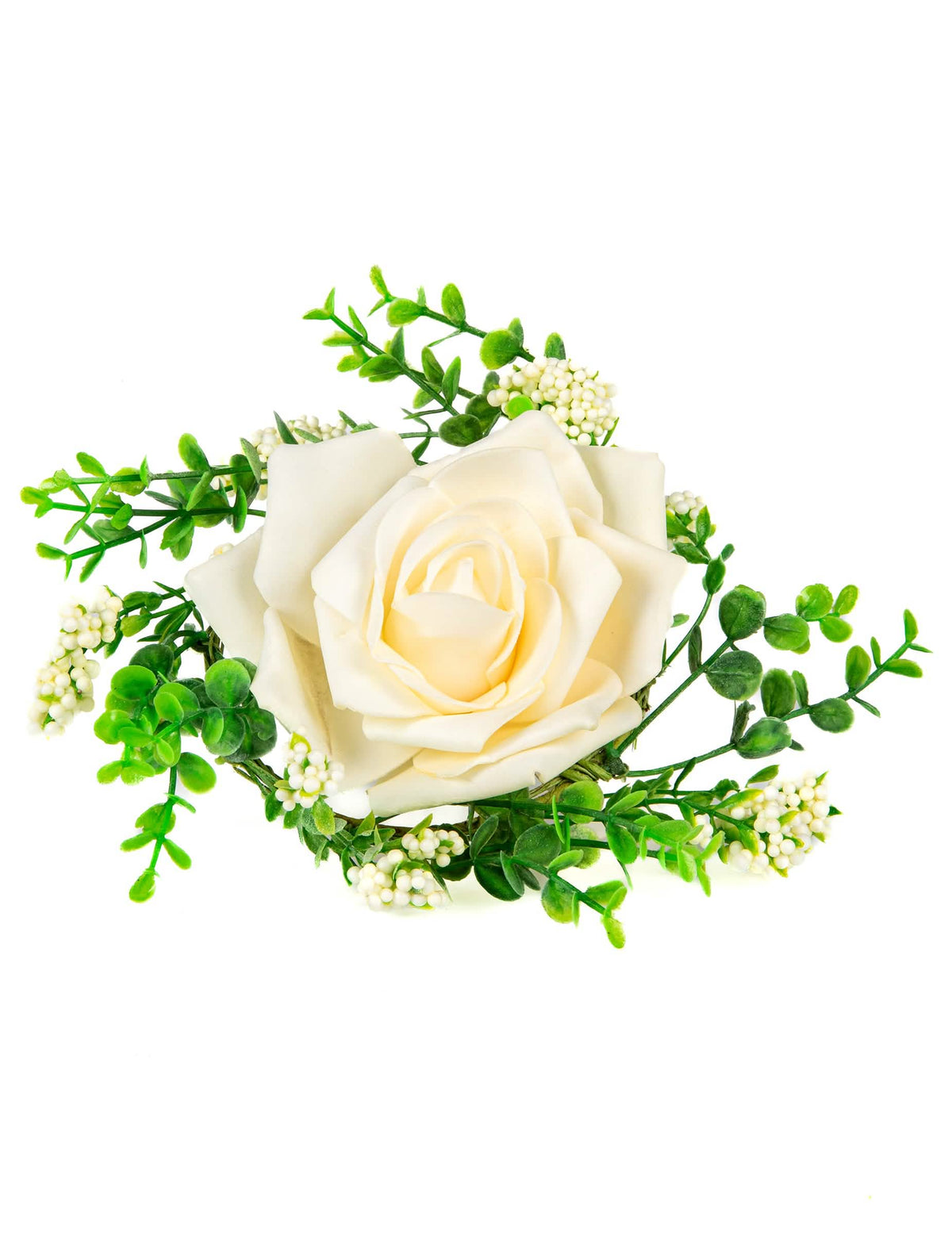 Centro de mesa cor de rosa e folhagem para casamento campestre em marfim