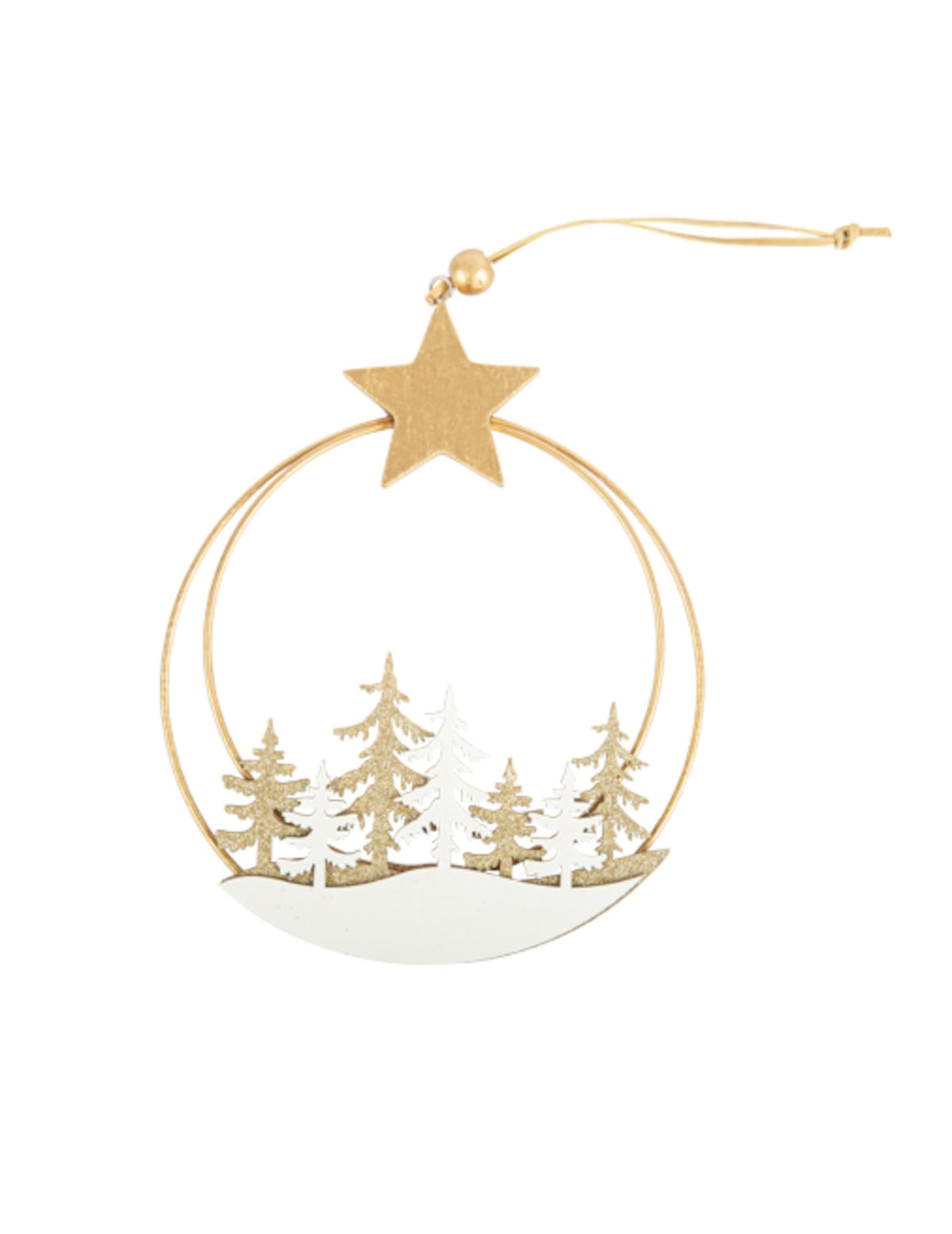 Cercle à suspendre forêt enneigée pour Noël doré et blanc avec étoile dorée