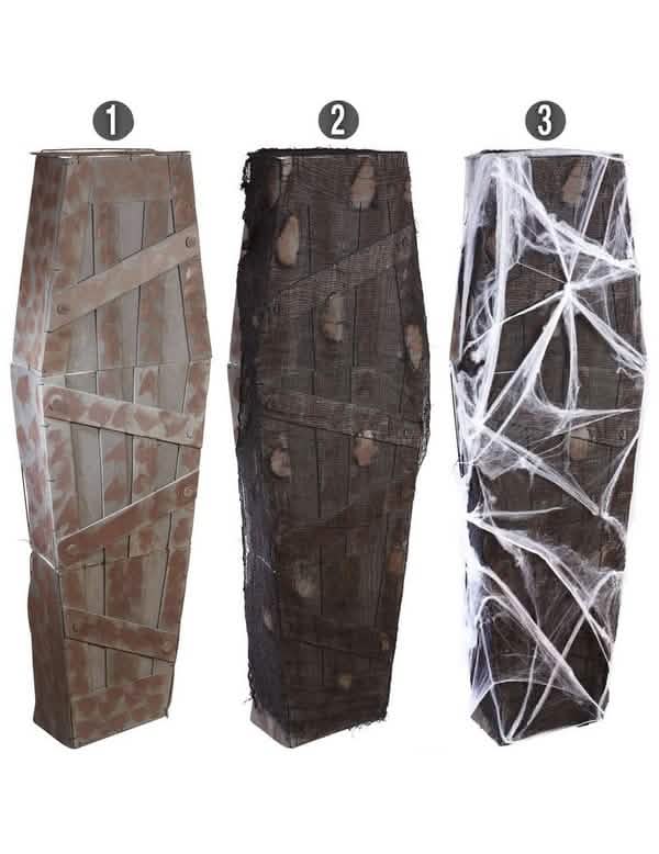 Caixão de halloween para decoração castanho e preto com teias de aranha