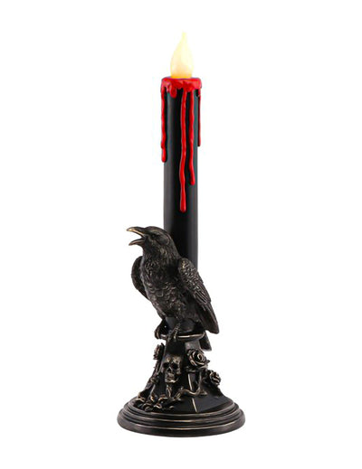 Castiçal decorativo em resina com LED e corvo preto 13,5 x 13,5 x 45,5 cm