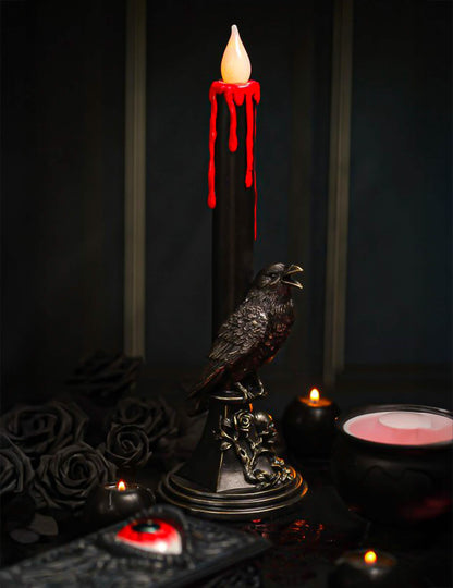 Castiçal decorativo em resina com LED e corvo preto 13,5 x 13,5 x 45,5 cm