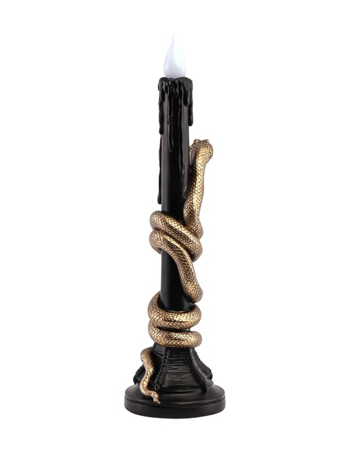 Castiçal decorativo em resina preto com serpente dourada e LED 11 x 11 x 41 cm