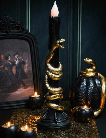 Castiçal decorativo em resina preto com serpente dourada e LED 11 x 11 x 41 cm
