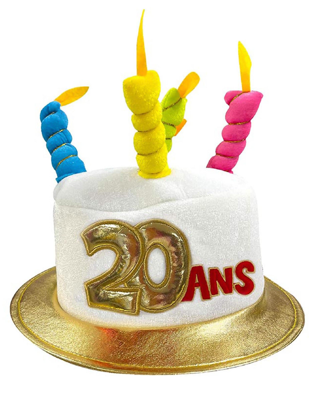 Chapéu de bolo de aniversário 20 anos para adulto branco com velas multicoloridas e rebordo dourado