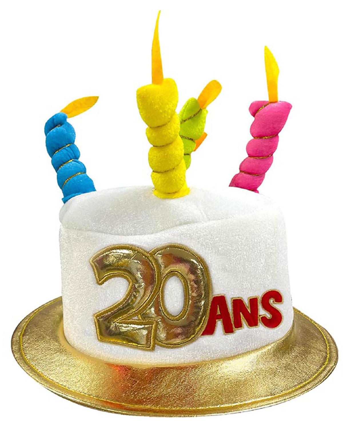 Chapéu de bolo de aniversário 20 anos para adulto branco com velas multicoloridas e rebordo dourado