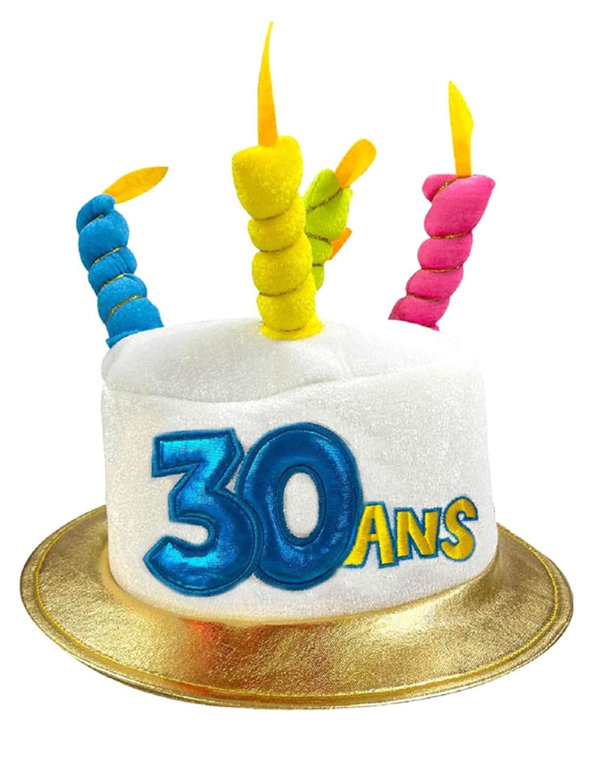 Chapéu 30 anos para adulto branco e dourado com velas coloridas
