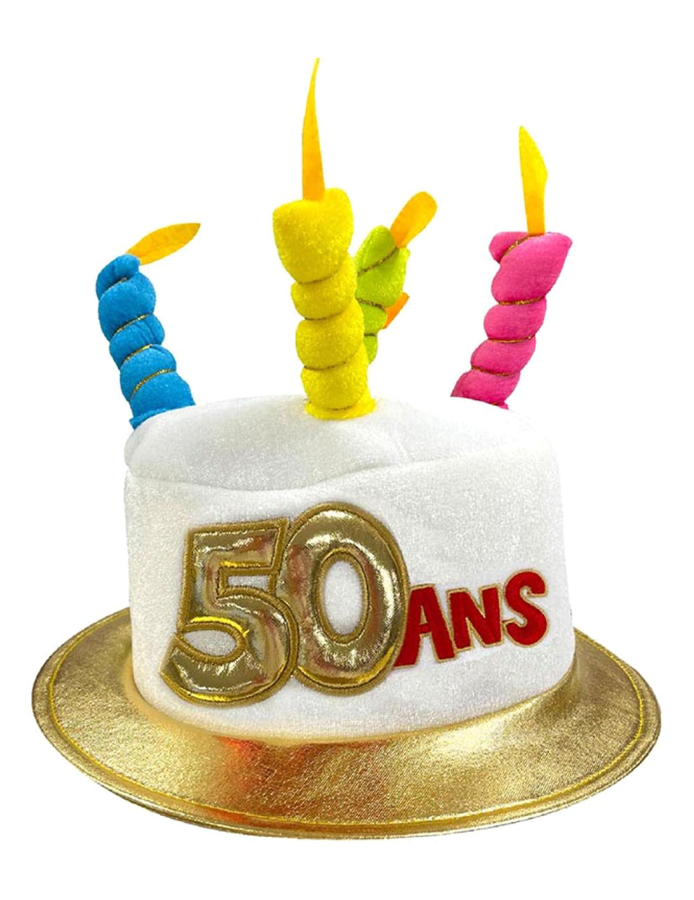Chapeau gâteau anniversaire 50 ans pour adulte blanc et doré avec bougies