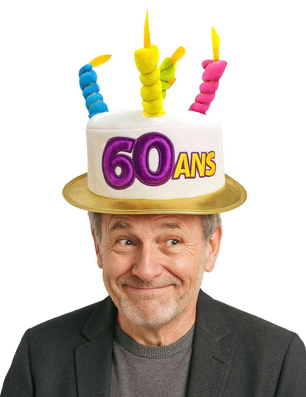 Chapéu bolo 60 anos para adulto branco com velas multicolores