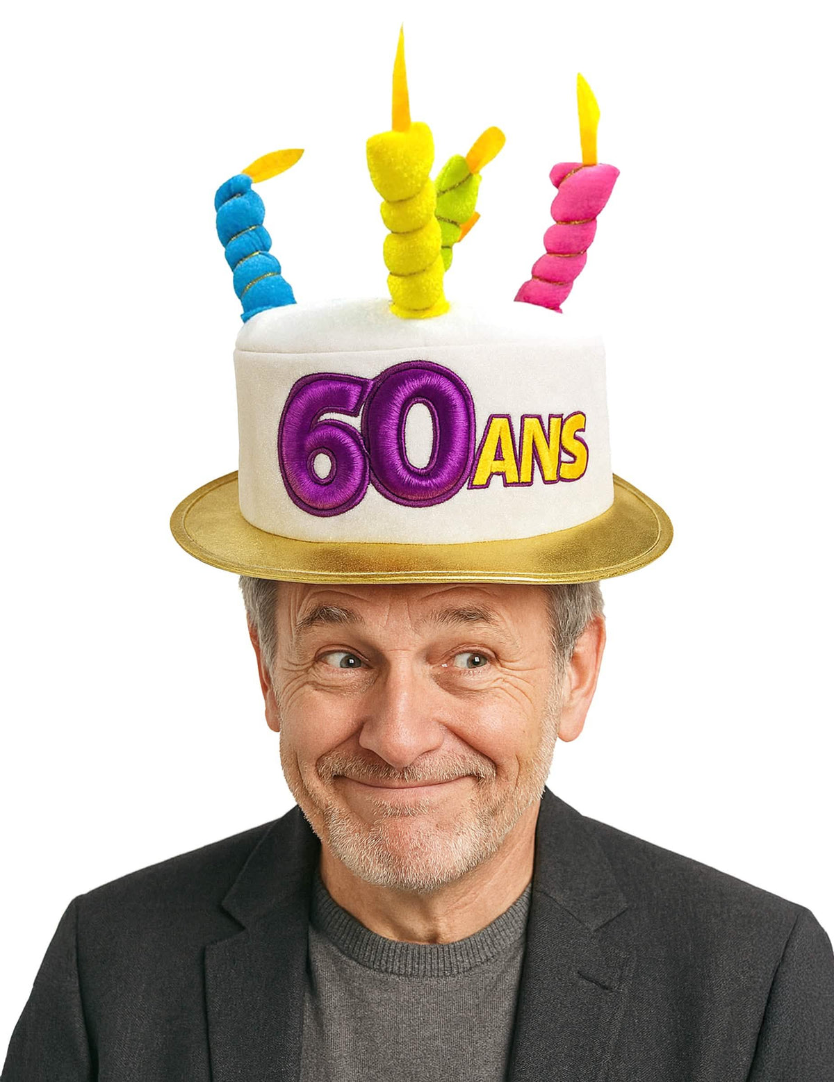 Chapéu bolo 60 anos para adulto branco com velas multicolores