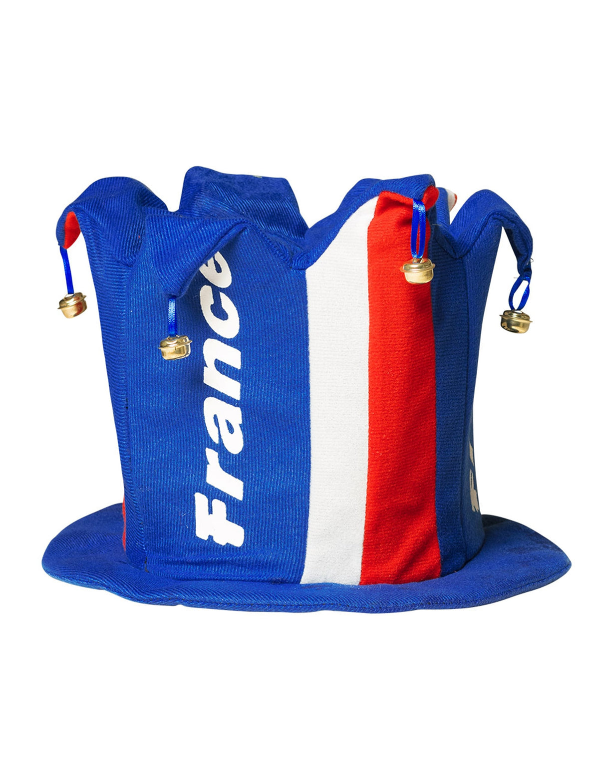 Vue de face du chapeau avec grelot supporter France