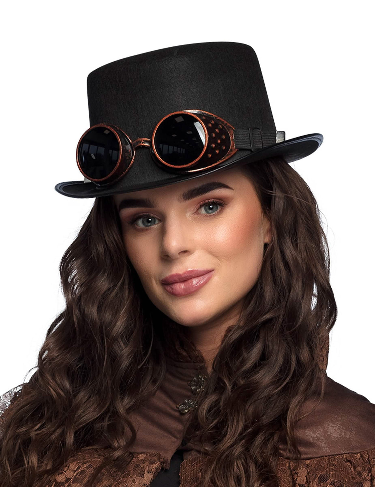 Chapéu com óculos steampunk para adulto preto e cobreado