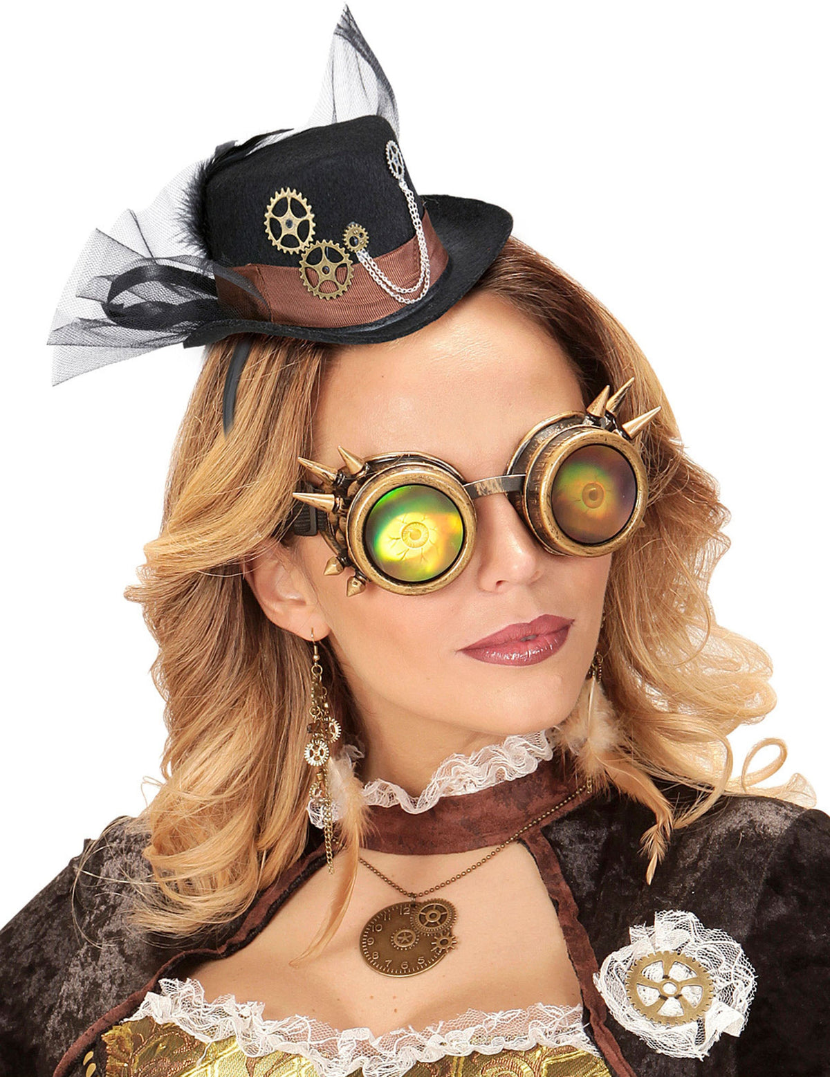 Chapeau avec voile Steampunk pour adulte noir avec engrenages et chaîne