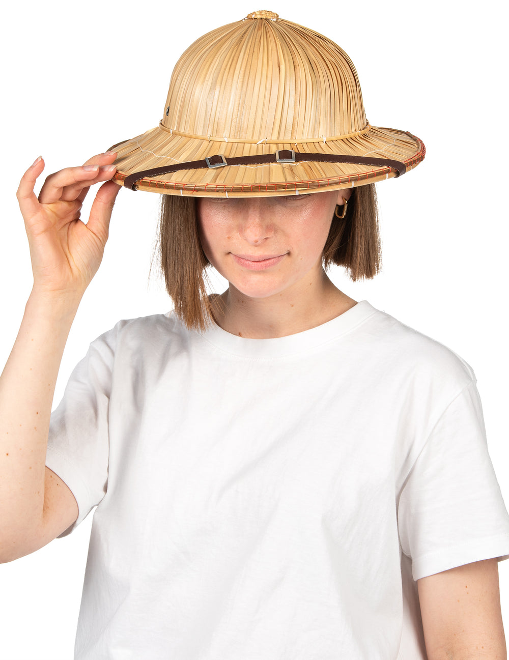 Vue de face portée du chapeau aventurier pour adulte