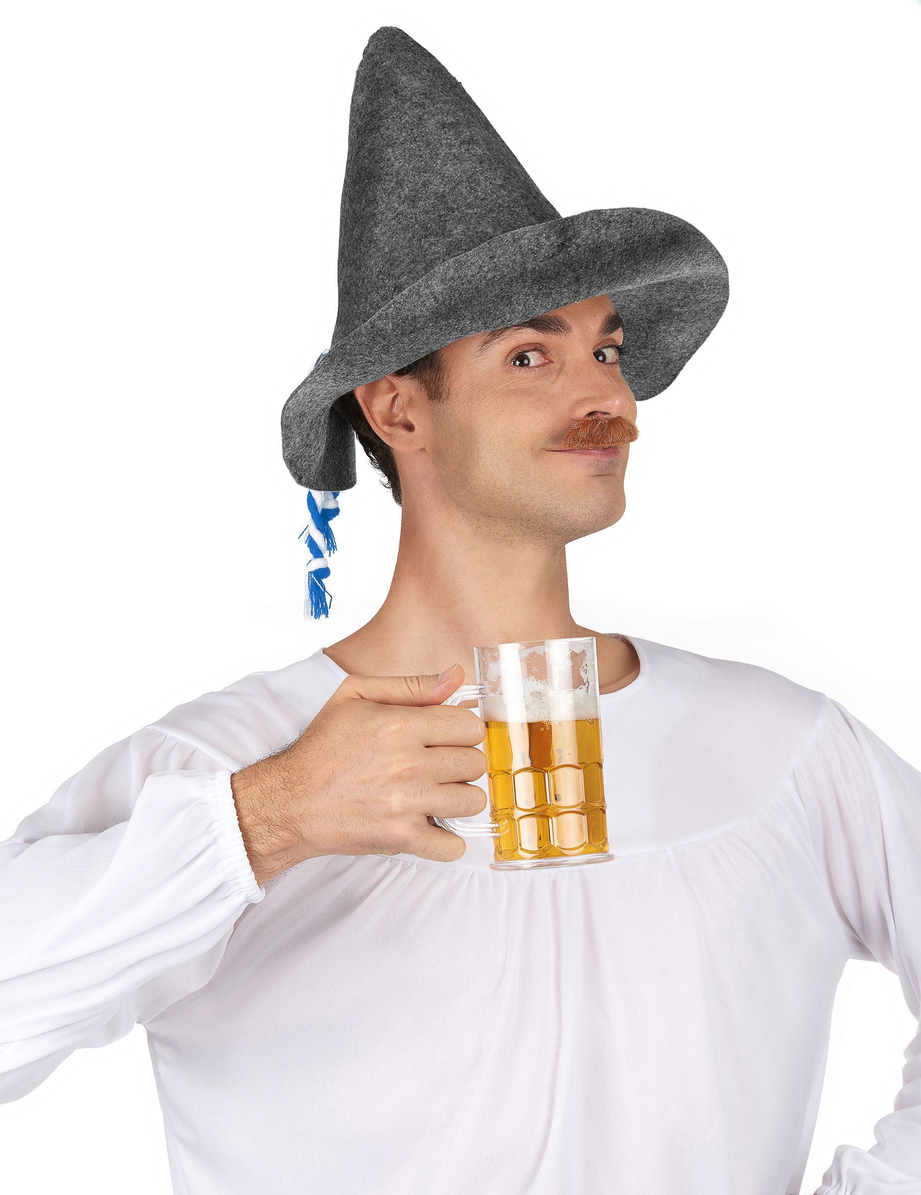 Chapeau bavarois pour adulte gris avec cordelette bleue et blanche