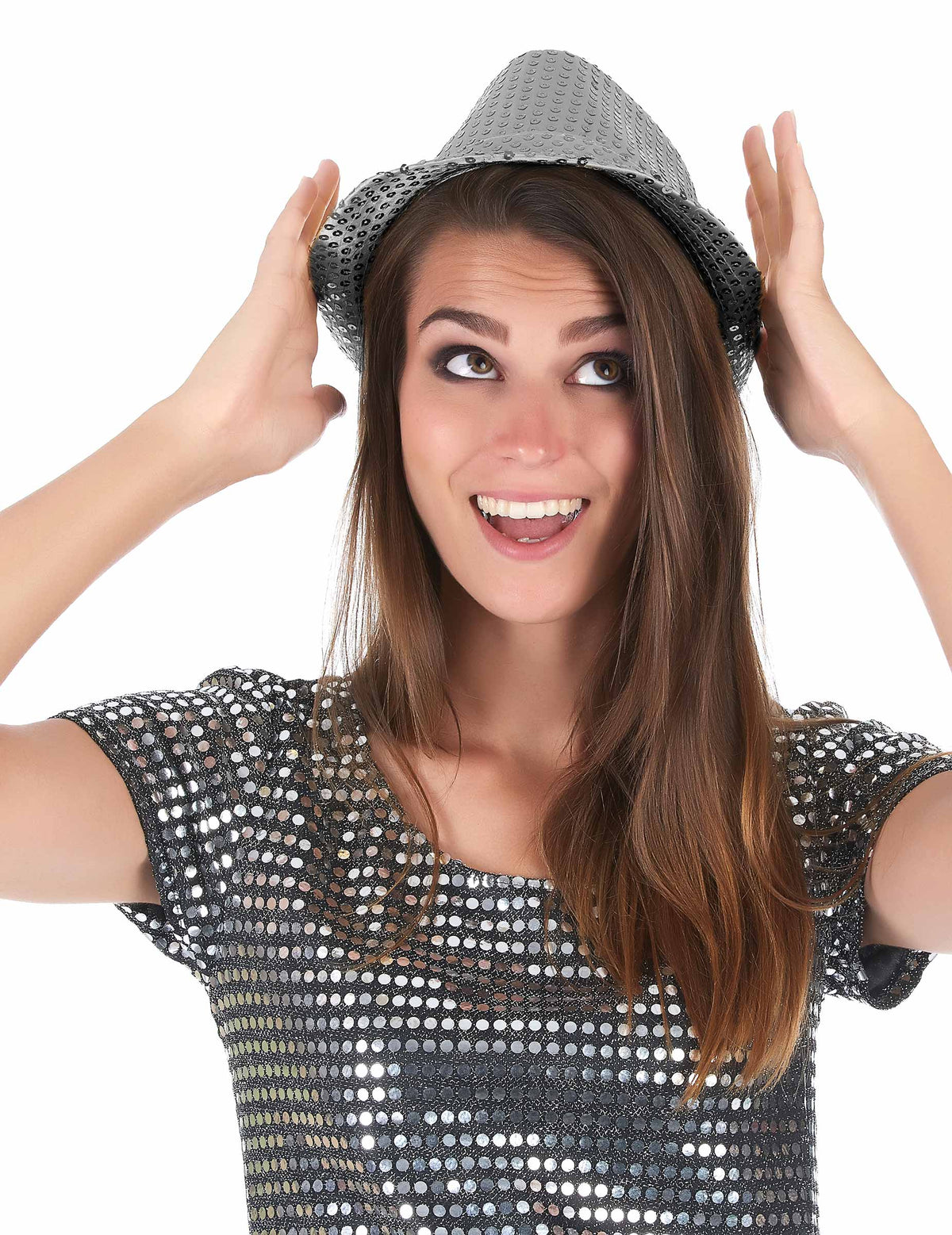 Vue portée du chapeau borsalino à sequins pour adulte
