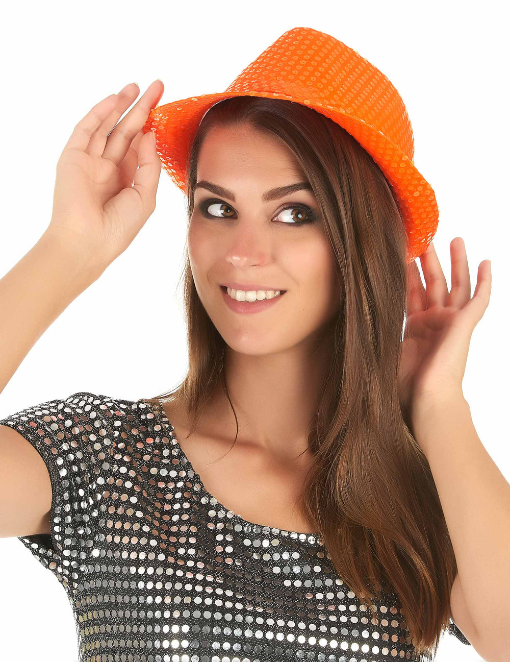 Vue de face portée du chapeau borsalino à sequins pour adulte orange