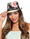 Chapeau borsalino Ibiza pour adulte noir à motifs fleurs d'hibiscus roses