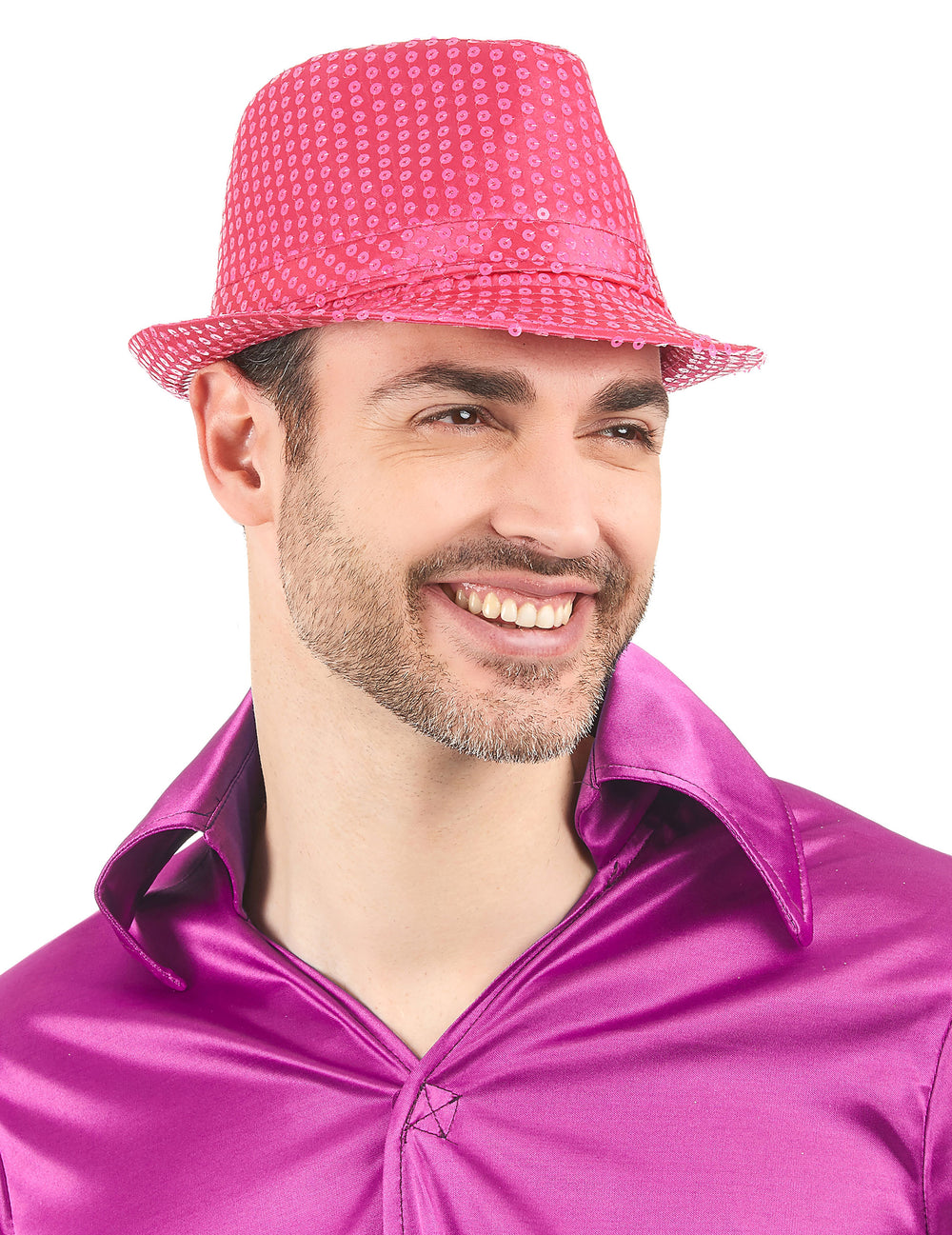 Vue de face du chapeau borsalino à sequins pour adulte rose fluo