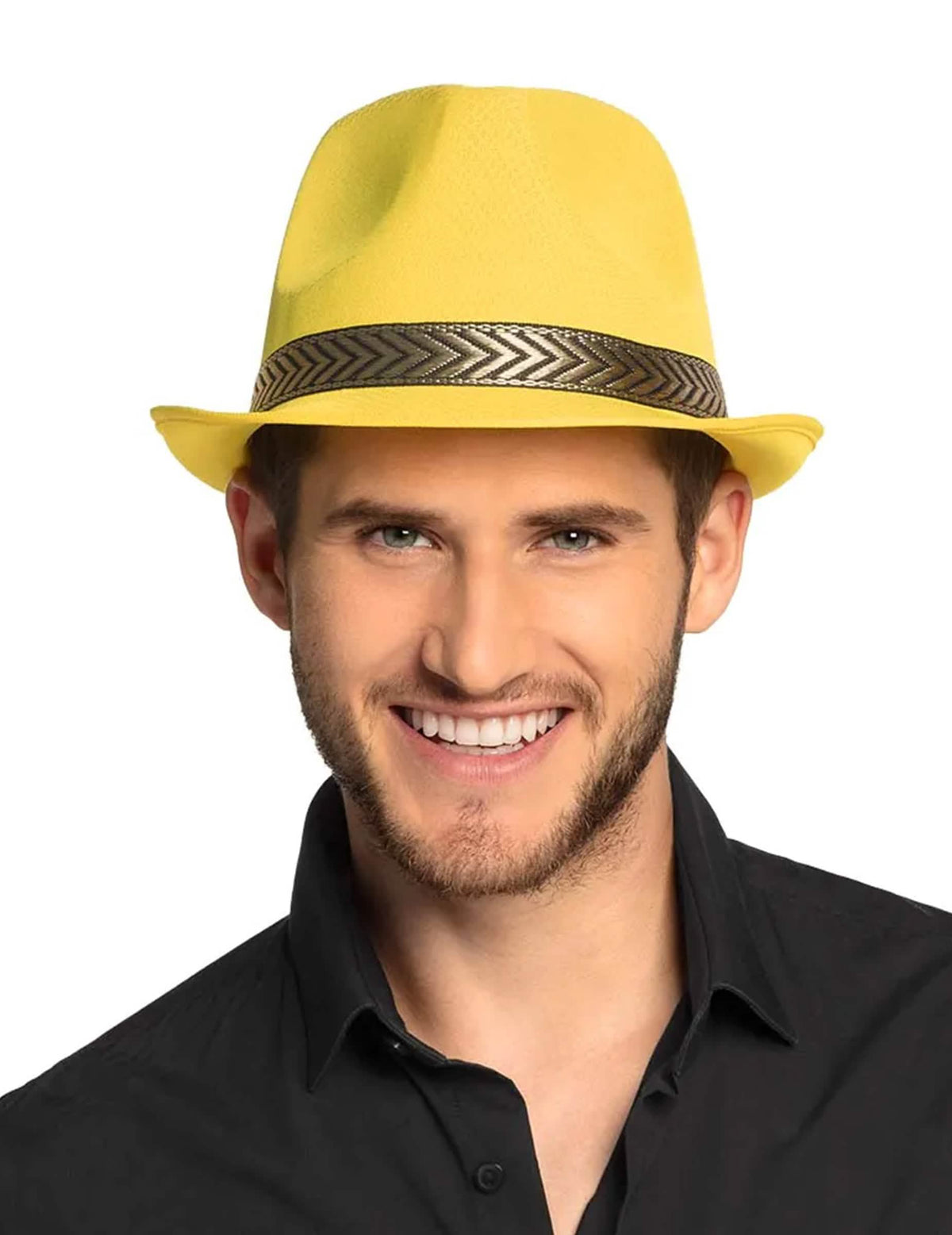 Chapéu borsalino trilby para adulto amarelo com fita com padrão de espinha de peixe