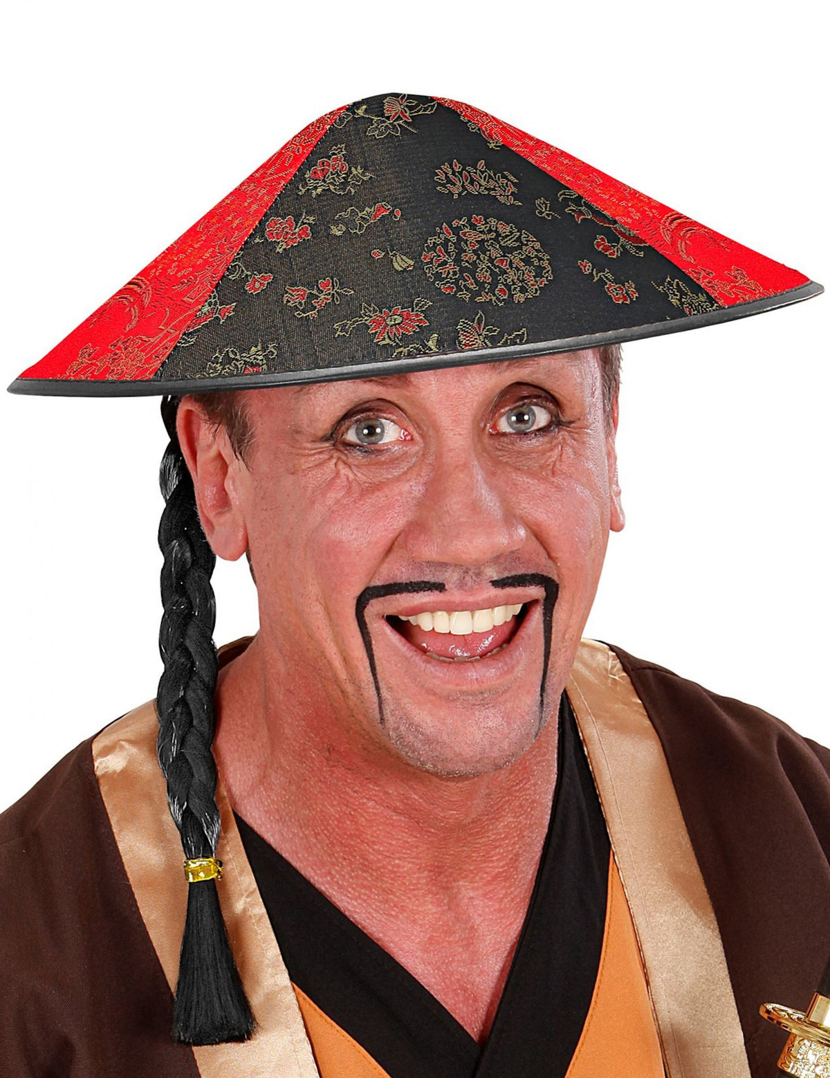 Chapeau chinois pour adulte rouge et noir avec tresse noire