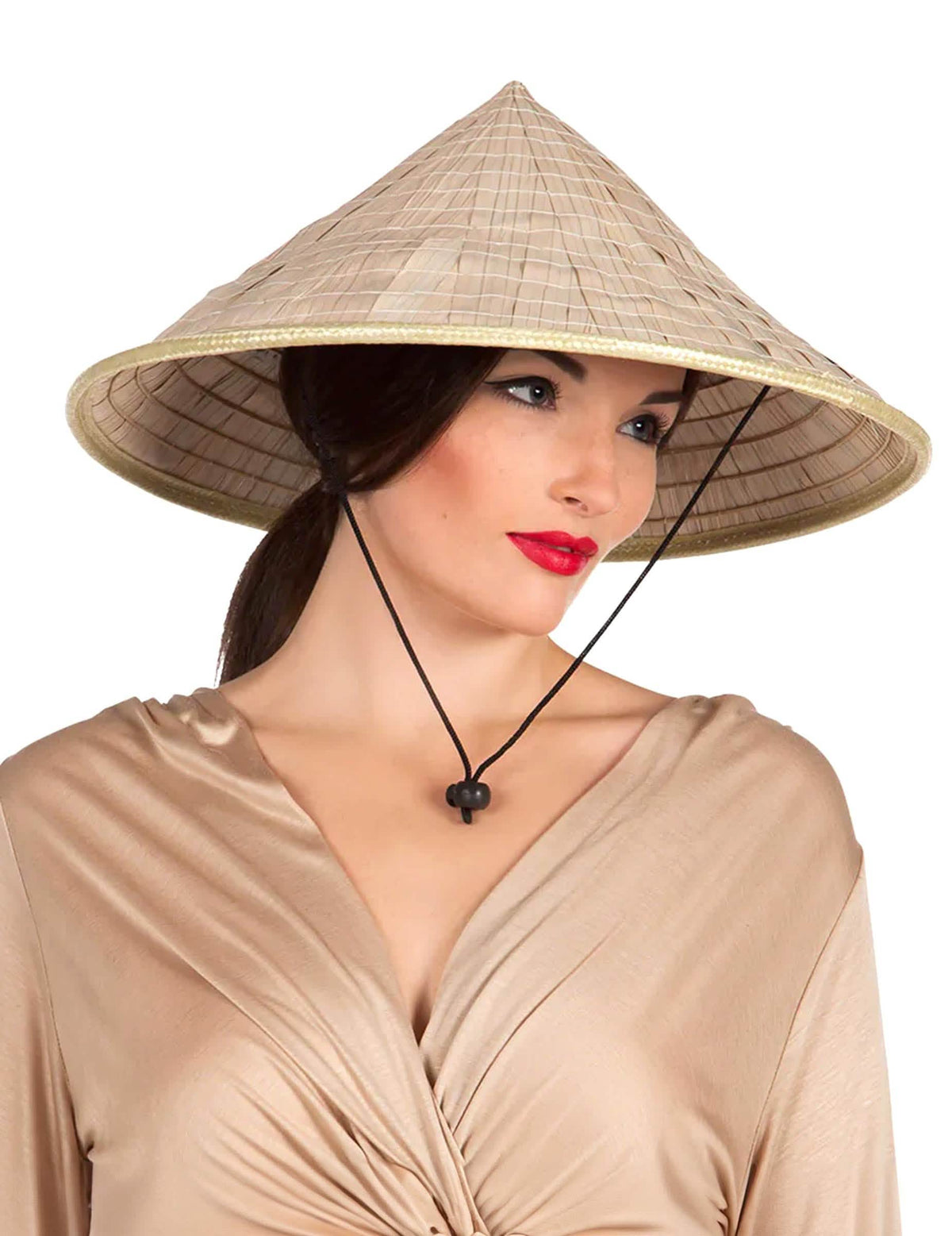 Chapéu chinês para adulto natural em palha com cordão preto