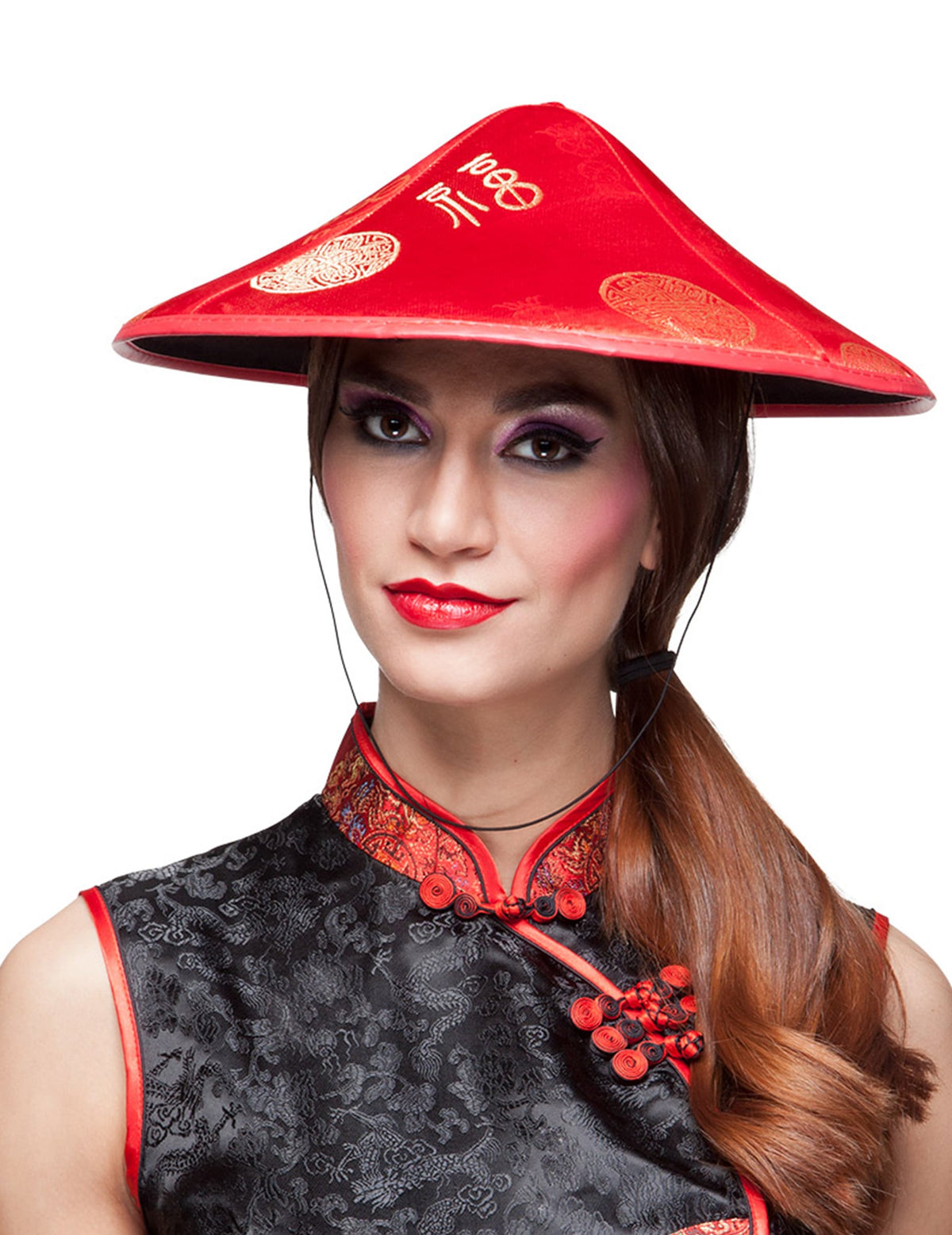 Chapeau chinois pour adulte rouge avec motifs dorés